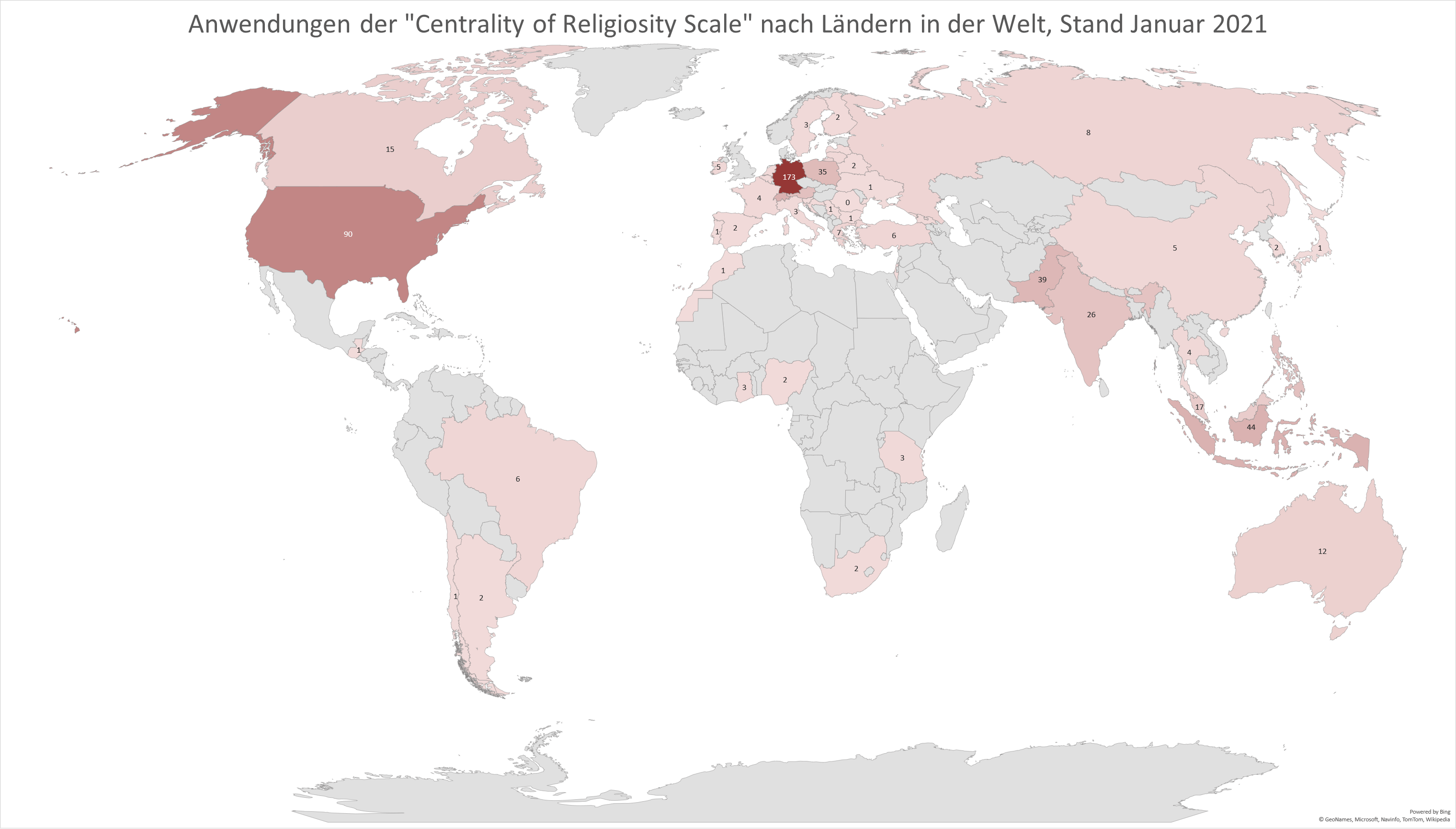 Anwendung der "Centrality of Religiosity Scale" nach Ländernin der Welt, Stand Januar 2021