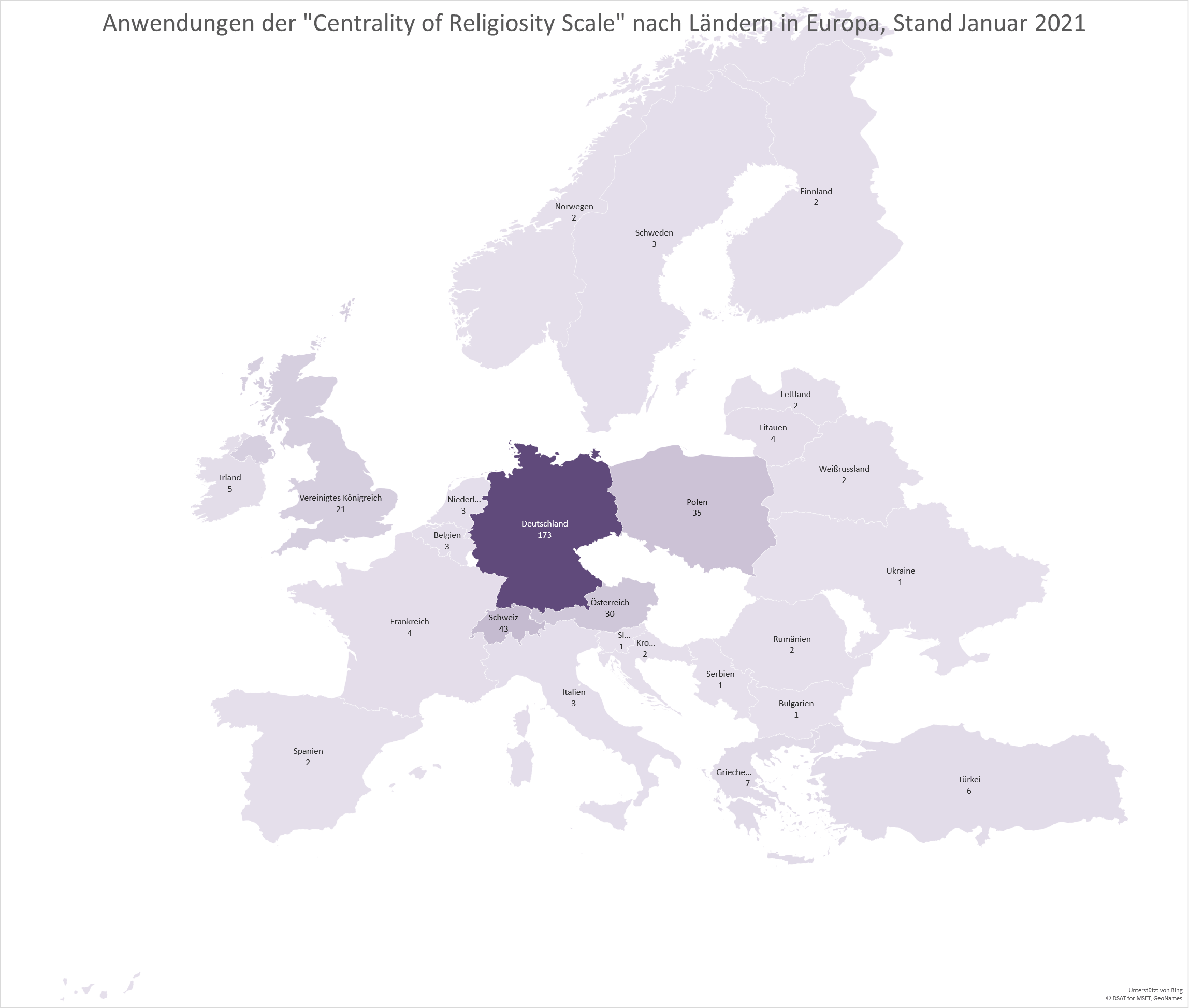Anwendung der "Centrality of Religiosity Scale" nach Ländernin in Europa, Stand Januar 2021